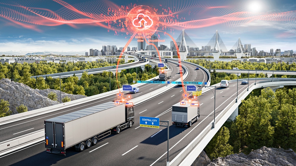 Illustration vernetzter Lkw auf einer intelligenten Autobahn, die die cloudbasierten Maut- und Digitaldienste von AUMOVIO nutzen. Das Bild zeigt moderne Güterfahrzeuge, die über 5G- und IoT-Technologie kommunizieren und so einen nahtlosen Grenzübertritt und eine automatisierte Mauterhebung in einer futuristischen Stadtumgebung ermöglichen.
