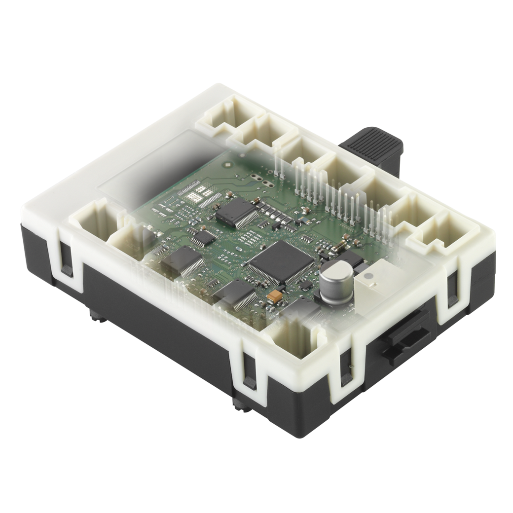 Automobil-Türsteuergerät mit schwarz-weißem Gehäuse, mit integrierten Anschlüssen und interner Elektronik. Wird für elektrische Türsysteme und intelligente Karosseriesteuerungsanwendungen verwendet.