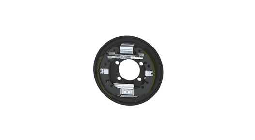 Front view of a simplex drum brake assembly mounted on a circular backing plate. The image displays internal components including brake shoes, springs, and adjuster mechanisms arranged symmetrically around the central hub opening. The design emphasizes traditional drum brake technology for automotive applications.