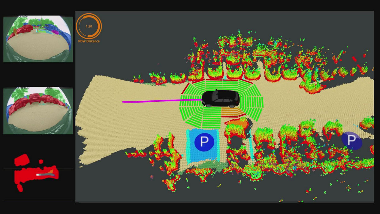Shows the a car with pathfinder mode, to looking for parking slot.