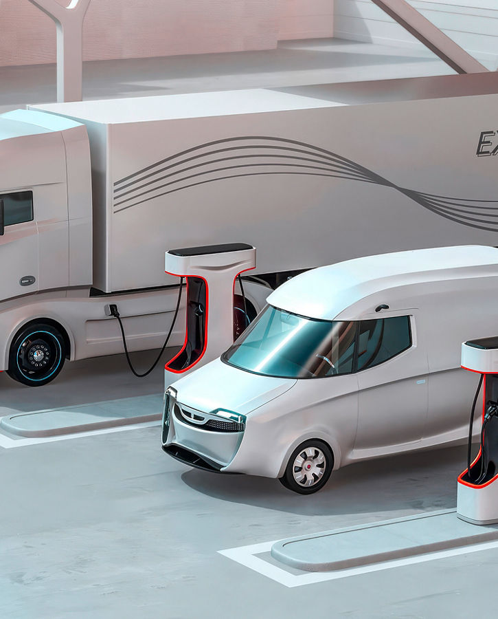 The 3D-generated image shows three different electric trucks/commercial vehicles. The transformation to electric drives is not stopping at commercial vehicles. Our decades of industry-specific experience in architecture and electronics for commercial vehicles enable us to drive the development of e-vehicle electronics forward together with our customers.