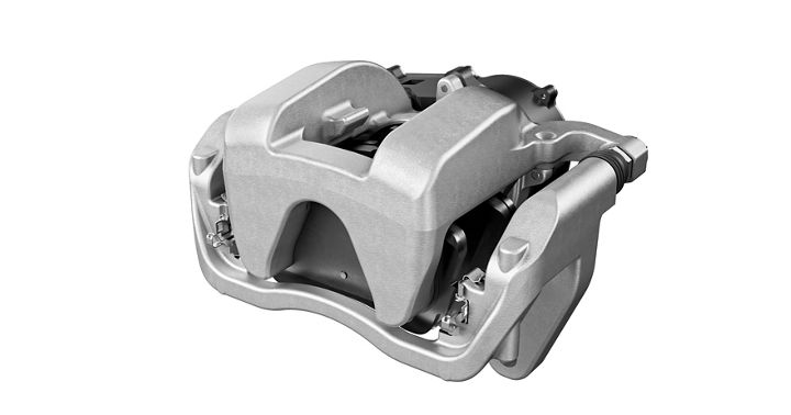 Close-up view of an electric brake caliper in metallic finish. The design includes integrated electronic components and hydraulic pistons for advanced braking functionality.