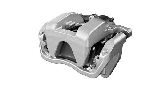 Close-up view of an electric brake caliper in metallic finish. The design includes integrated electronic components and hydraulic pistons for advanced braking functionality.