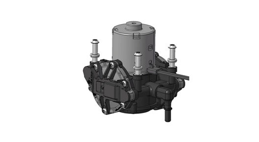 3D rendering of an electrical vacuum pump featuring a cylindrical motor mounted on a compact housing with multiple connection ports. The design includes metallic fasteners and integrated mounting points, highlighting its application in automotive brake systems.