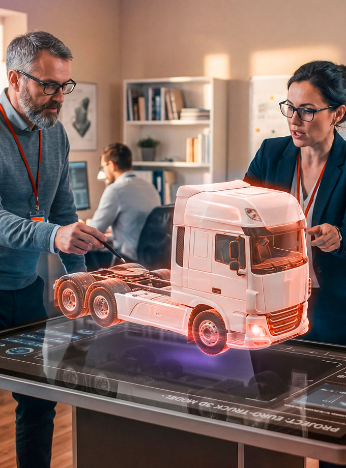 Three engineers are standing around a screen table, looking at a 3D model of a truck and talking to each other. AUMOVIO provides a comprehensive portfolio of automotive software services that supports customers throughout the entire product lifecycle – from software architecture and application development to industrialization and production support.