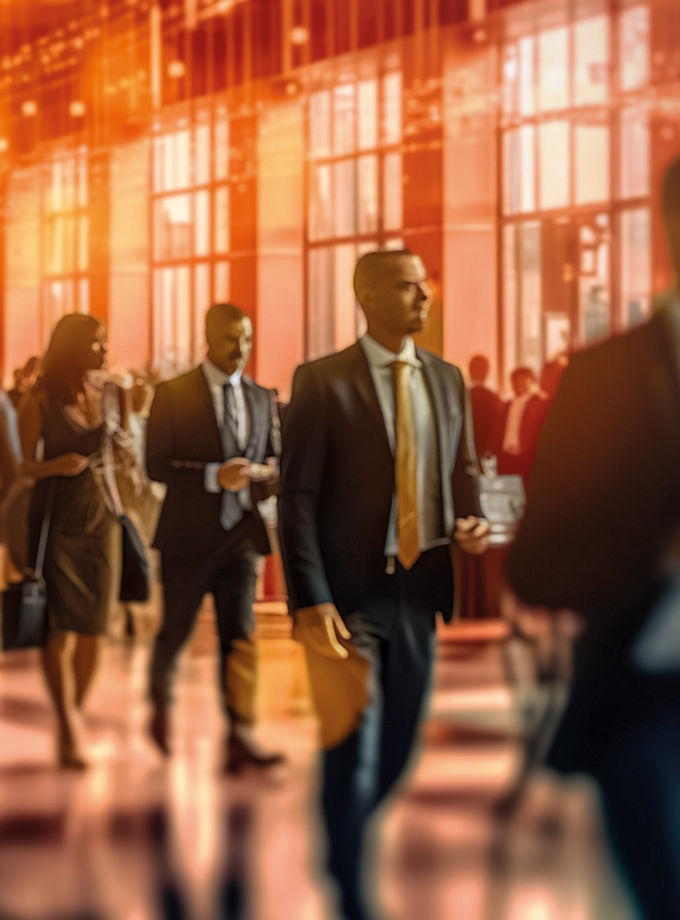 A hall full of people, with orange and purple lighting effects