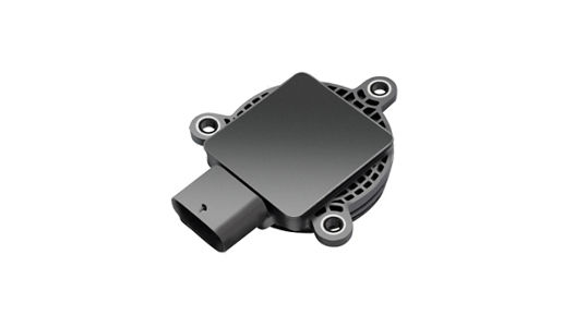 Close-up view of an automotive rotor position sensor featuring a round black housing with four mounting holes and an integrated connector port. The design ensures precise rotor position detection for electric motor control in hybrid and electric vehicles.