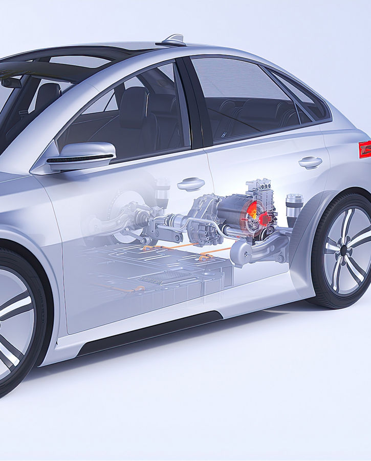 Side view of a futuristic electric vehicle with a semi-transparent overlay revealing internal components. The highlighted section shows the powertrain, electric motor, and integrated sensor systems in red, illustrating advanced monitoring and control technology for EV platforms.