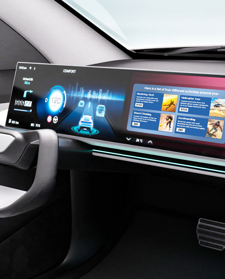 Image of a futuristic vehicle interior with a large display on the dashboard and a digitized woman wearing headphones. The woman represents AUMOVIO's eTravel.Companion, a cutting-edge Content and Commerce Platform designed to make every journey more enjoyable, convenient, and engaging by delivering the right recommendations at the right time.
