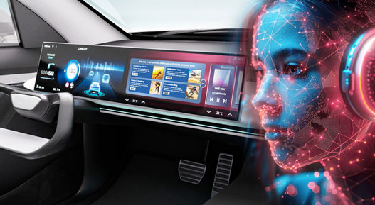 Image of a futuristic vehicle interior with a large display on the dashboard and a digitized woman wearing headphones. The woman represents AUMOVIO's eTravel.Companion, a cutting-edge Content and Commerce Platform designed to make every journey more enjoyable, convenient, and engaging by delivering the right recommendations at the right time.