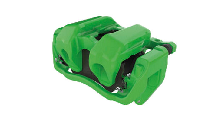 Close-up of a bright green brake caliper with a sleek, modern design. The component includes visible mounting points and internal mechanisms, emphasizing its sporty and high-performance application.