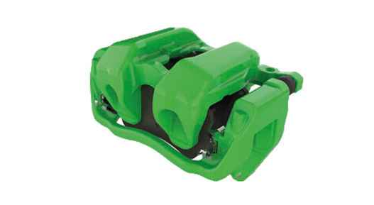 Close-up of a bright green brake caliper with a sleek, modern design. The component includes visible mounting points and internal mechanisms, emphasizing its sporty and high-performance application.