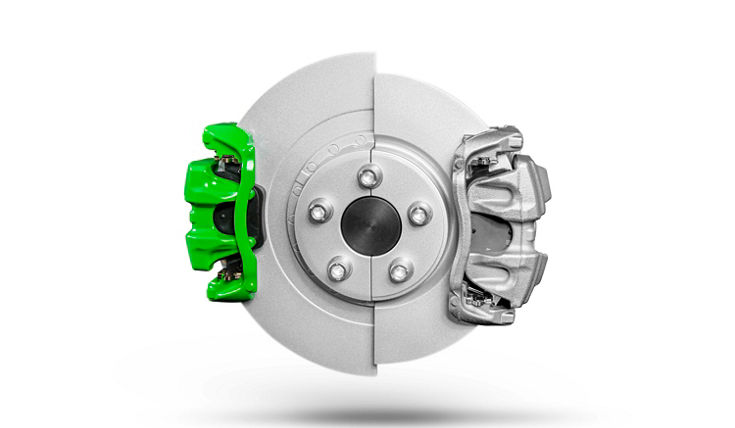 Close-up view of a green electric brake caliper featuring integrated electronic and hydraulic components. The vibrant color highlights its application in performance or concept vehicles.