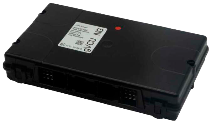 Kompakte Automobil-Steuereinheit mit schwarzem Kunststoffgehäuse und mehreren Anschlussschnittstellen. Mit der Bezeichnung „gVCU NG“ steht sie für die Fahrzeugsteuerungstechnologie der nächsten Generation für Elektro- und vernetzte Fahrzeuge.