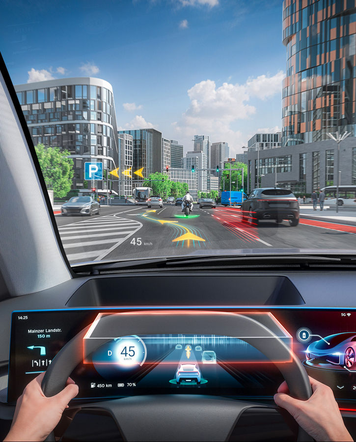 Image of a futuristic vehicle interior with a view through the windshield. Navigation, traffic, and warning information are projected directly onto the windshield via a head-up display, precisely where the driver needs it.