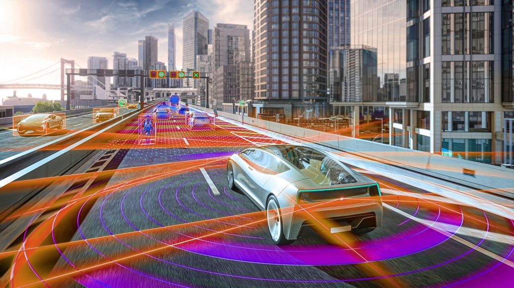 A futuristic vehicle is driving on a road. Various orange and purple sensor and radar lines can be seen coming from the vehicle, visualizing object detection and other road users.