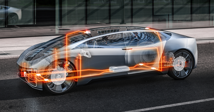 Side view of a futuristic silver car with transparent body overlay showing internal components and orange glowing circuit lines. The highlighted elements represent integrated high-performance computing architecture for advanced vehicle functions.