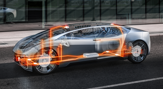 Side view of a futuristic silver car with transparent body overlay showing internal components and orange glowing circuit lines. The highlighted elements represent integrated high-performance computing architecture for advanced vehicle functions.
