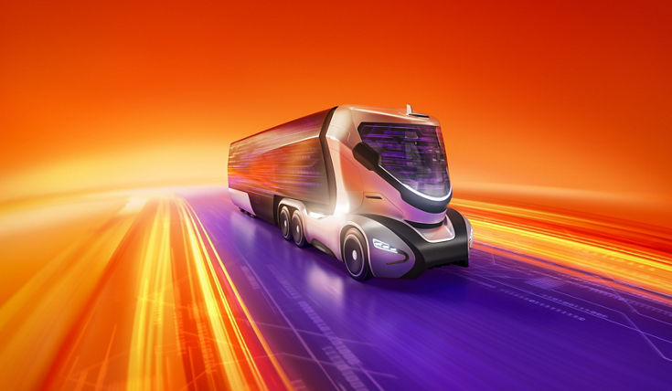 Futuristic autonomous concept truck speeding along a digital highway, surrounded by dynamic motion blur in orange, yellow, and purple light streaks against a vivid red-orange background.