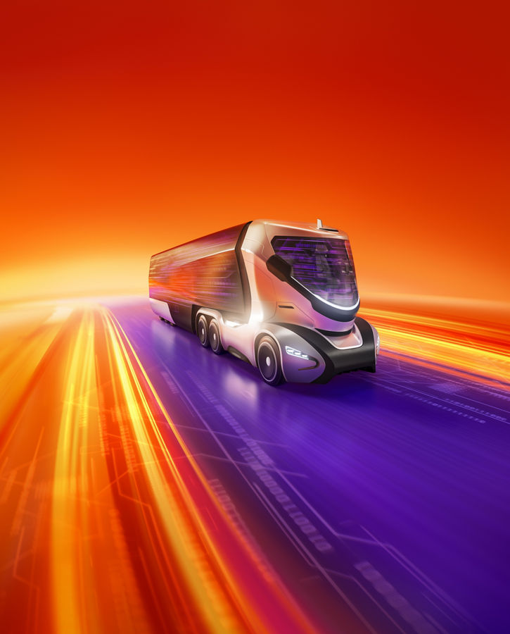 Futuristic autonomous concept truck speeding along a digital highway, surrounded by dynamic motion blur in orange, yellow, and purple light streaks against a vivid red-orange background.