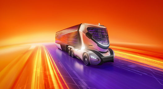 Futuristic autonomous concept truck speeding along a digital highway, surrounded by dynamic motion blur in orange, yellow, and purple light streaks against a vivid red-orange background.
