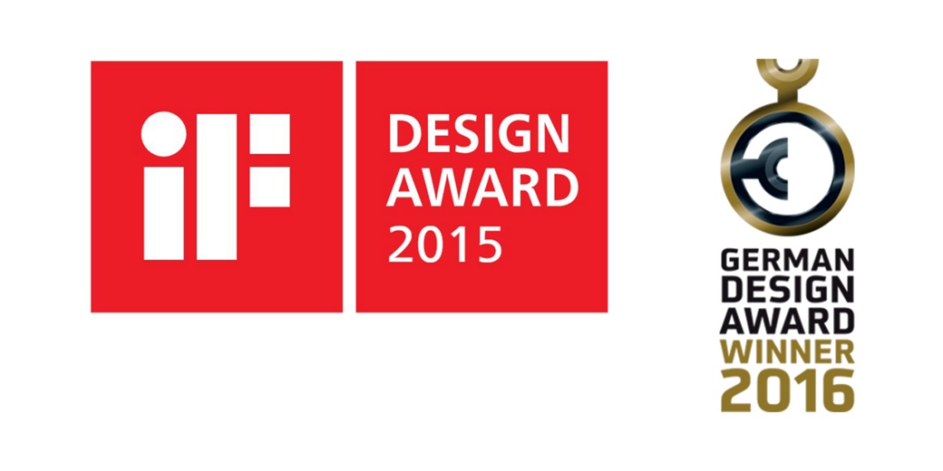 Bild der Logos für den iF Design Award 2015 und den German Design Award 2016 für den modularen Fahrerarbeitsplatz von AUMOVIO. Modernste Technologie in innovativem Design, das sich nahtlos in die Gestaltungskonzepte der neuesten Generation von Stadtbussen einfügt.
