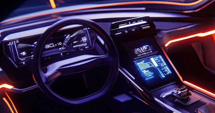 Image of a futuristic vehicle interior with purple and orange ambient lighting.