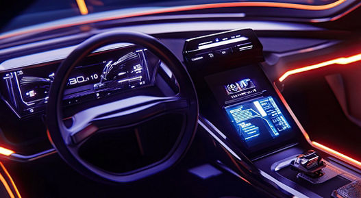 Image of a futuristic vehicle interior with purple and orange ambient lighting.