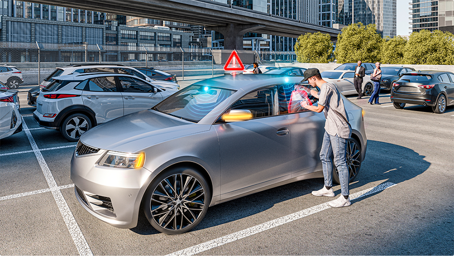 Bild eines Mannes, der versucht, in ein geparktes Fahrzeug einzubrechen. Das Fahrzeug alarmiert andere über sein Alarmsystem. Die Kabinenüberwachung von AUMOVIO bietet mehrere Funktionen zur Überwachung der Kabine, wie z. B. die Erkennung von Kindern/Insassen, die Erkennung von Objekten und die Erkennung von Eindringlingen.