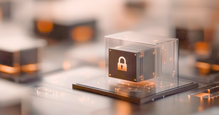 Symbol of digital security: A stylized padlock inside a transparent cube represents data protection, cybersecurity, and safeguarding sensitive information.