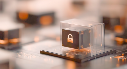 Symbol of digital security: A stylized padlock inside a transparent cube represents data protection, cybersecurity, and safeguarding sensitive information.