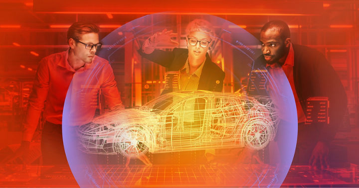 Diverse Team of Engineers Working in Office at Industrial Factory. Industrial Designers Discuss Electric Car Augmented Reality Hologramm. Specialists Work in Technological Car Development Facility.