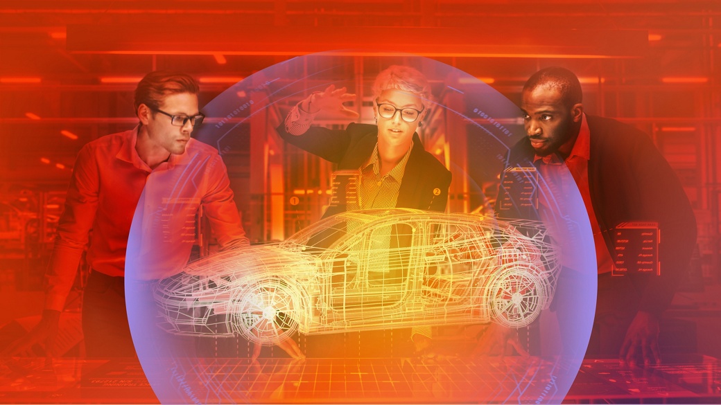 Vielfältiges Team von Ingenieuren bei der Arbeit im Büro einer Industrieanlage. Industriedesigner diskutieren über ein Augmented-Reality-Hologramm für Elektroautos. Spezialisten arbeiten in einer Einrichtung für technologische Fahrzeugentwicklung.