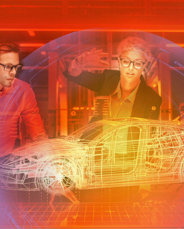 Diverse Team of Engineers Working in Office at Industrial Factory. Industrial Designers Discuss Electric Car Augmented Reality Hologramm. Specialists Work in Technological Car Development Facility.