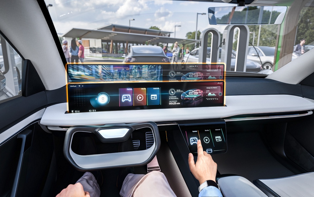 Image of a innovative vehicle display that can be extended from the dashboard to various positions. Whether for navigation, entertainment or vehicle information – these movable displays adapt to the driver's needs and ensure maximum comfort and futuristic experience.
