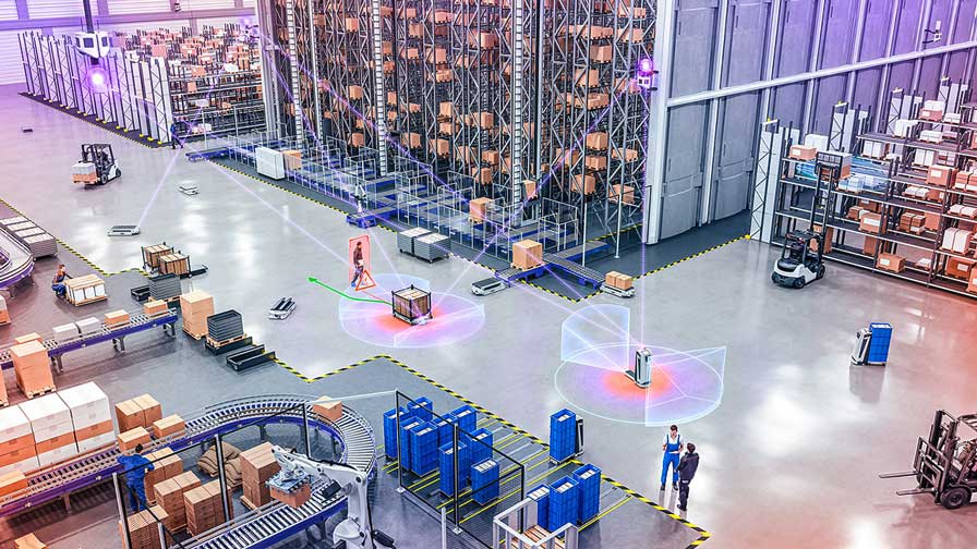 Bild eines großen Hochregallagers mit KI-gestützten mobilen Robotern, Sensorlinien zur Objektidentifizierung und Positionsbestimmung