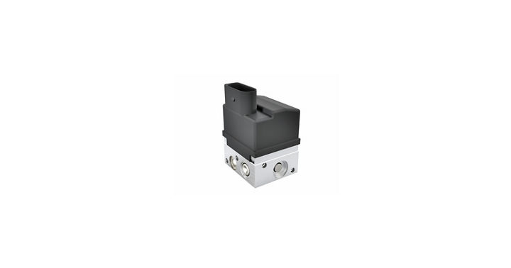 Close-up view of a compact brake control unit featuring a black rectangular housing on top and a silver metallic base with multiple hydraulic ports. The design emphasizes a lightweight and space-saving solution for modern braking systems.