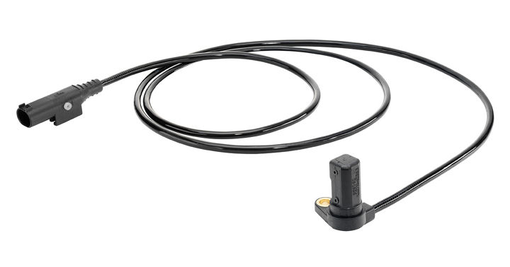 Compact wheel speed sensor designed for motorcycles, featuring a slim black housing with a mounting bracket and connector port. The design ensures precise speed measurement in two-wheeler applications.