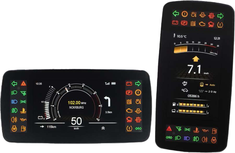 Image of a MultiViu® Compact 7 in portrait and landscape format. In the version with touch display, the MultiViu® Compact 7 is reminiscent of modern smartphones – and can be operated intuitively. The manufacturer decides exactly what is shown on the display in both cases using the free programming environment.