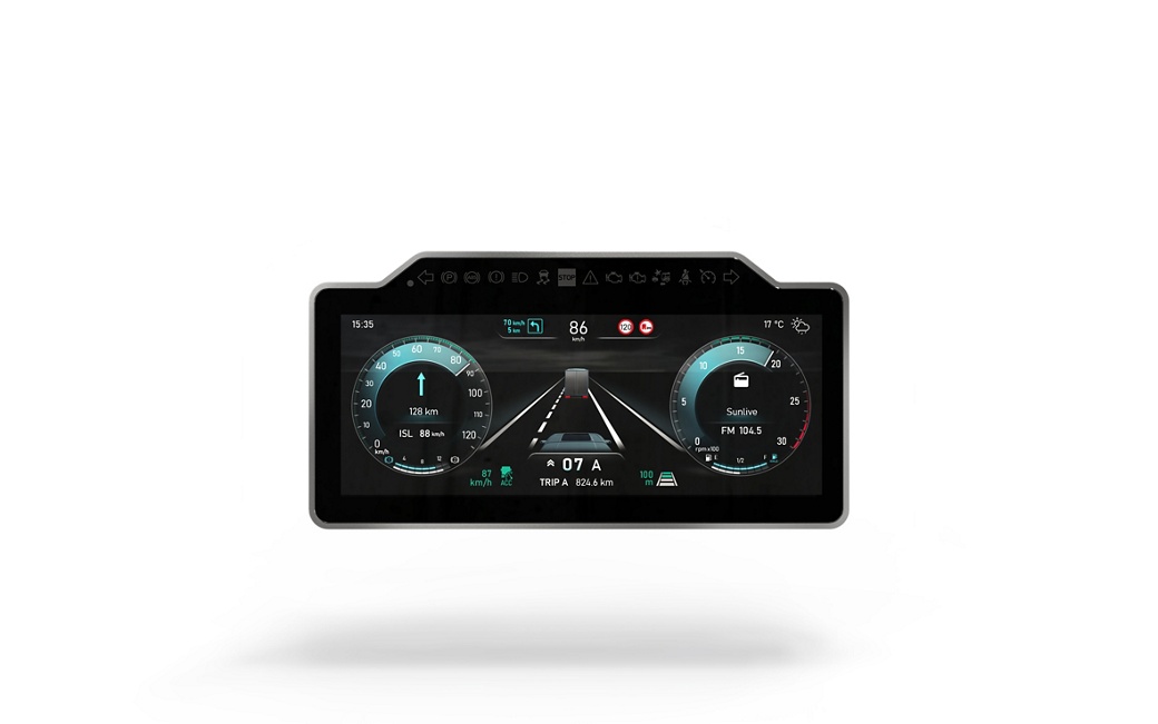 Product image of the MultiViu® Professional 12 Generation 2 display in the modern version. Flexible, customizable and situation-controlled human-machine interface according to "Simplify your Drive". Modular product concept with customizable telltale module and front frame