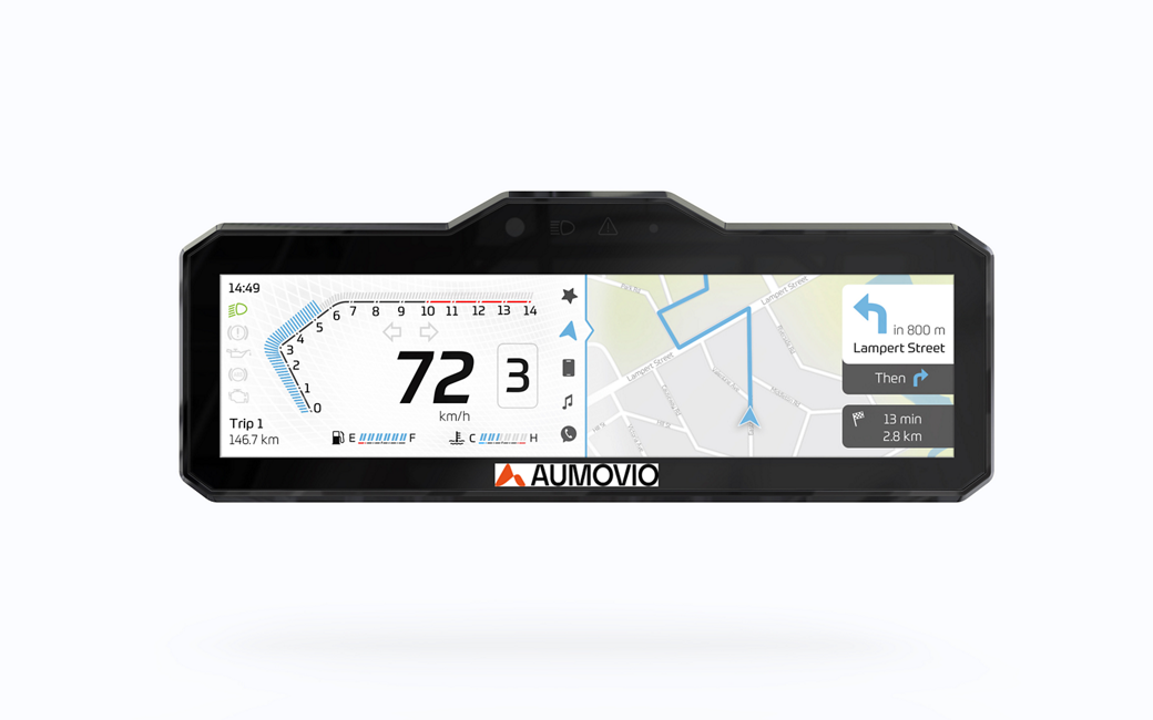 Product shot of AUMOVIO's new 8.88 inch TFT display with 4:1 landscape format for motorcycles. Aumovio offers a range of high-performance instrument displays tailored for motorcycles, designed to offer maximum flexibility. It employs automotive-grade technology with optical bonding for crystal-clear visuals. 