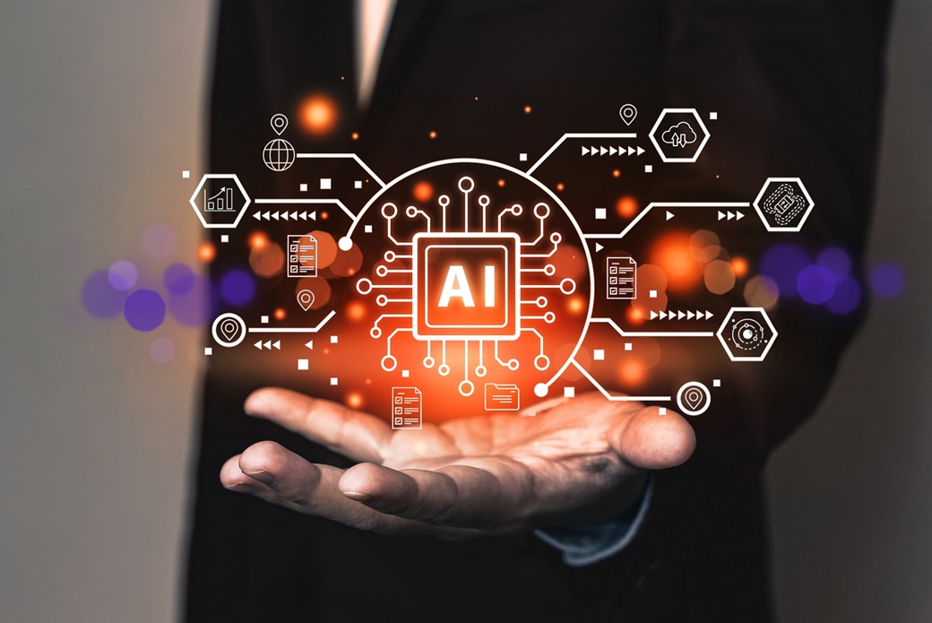 Businessman hand showing AI tech with cloud computing concept, solve problem and data management on network, cyber security, digital transformation, finance, document file management, AI chip.