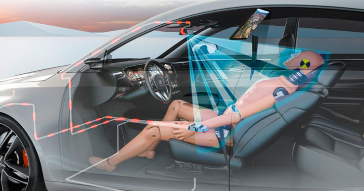Interior view of a car with a transparent overlay showing an advanced occupant safety monitoring system. A crash test dummy is seated in a reclined position on the front passenger seat. Blue sensor beams project from the overhead camera toward the dummy, illustrating occupant detection and posture monitoring. Red circuit lines highlight the integration of safety electronics within the vehicle structure.