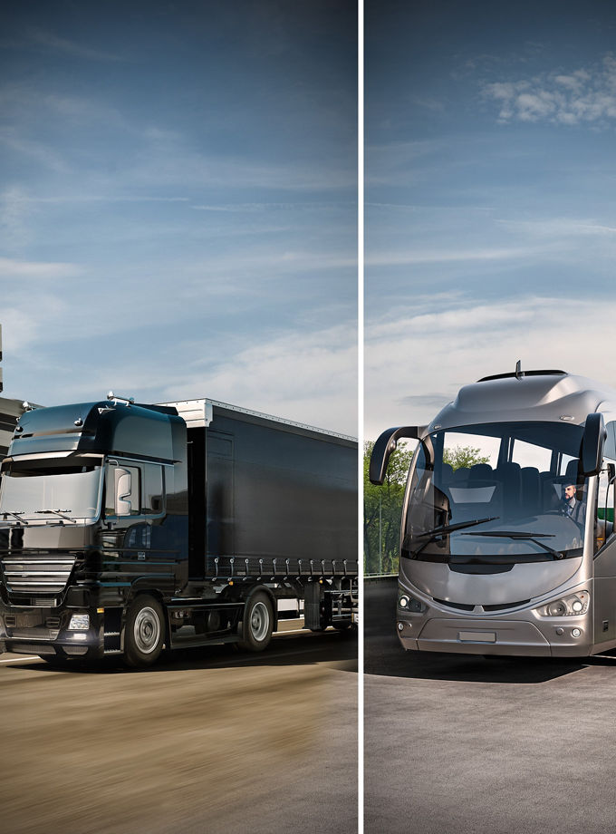 The key visual for off-the-shelf products shows seven images, including corresponding vehicles for the sectors of agriculture, construction, logistics, warehousing, trucking, buses, and two-wheelers.