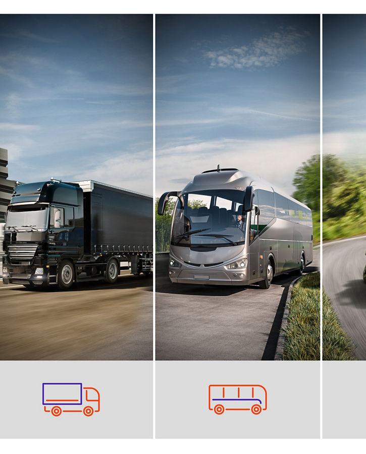The key visual for off-the-shelf products shows seven images, including corresponding vehicles for the sectors of agriculture, construction, logistics, warehousing, trucking, buses, and two-wheelers.