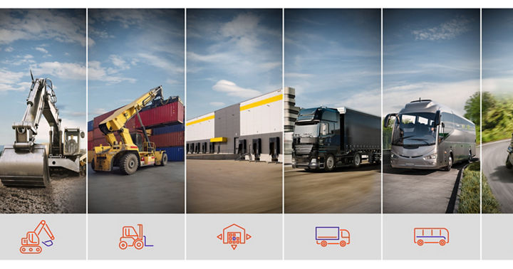 The key visual for off-the-shelf products shows seven images, including corresponding vehicles for the sectors of agriculture, construction, logistics, warehousing, trucking, buses, and two-wheelers.