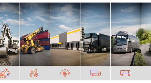 The key visual for off-the-shelf products shows seven images, including corresponding vehicles for the sectors of agriculture, construction, logistics, warehousing, trucking, buses, and two-wheelers.