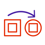 Icon with two squares, one containing a circle, the other containing another square, both squares connected by an arrow, symbolizing packaging/repackaging.