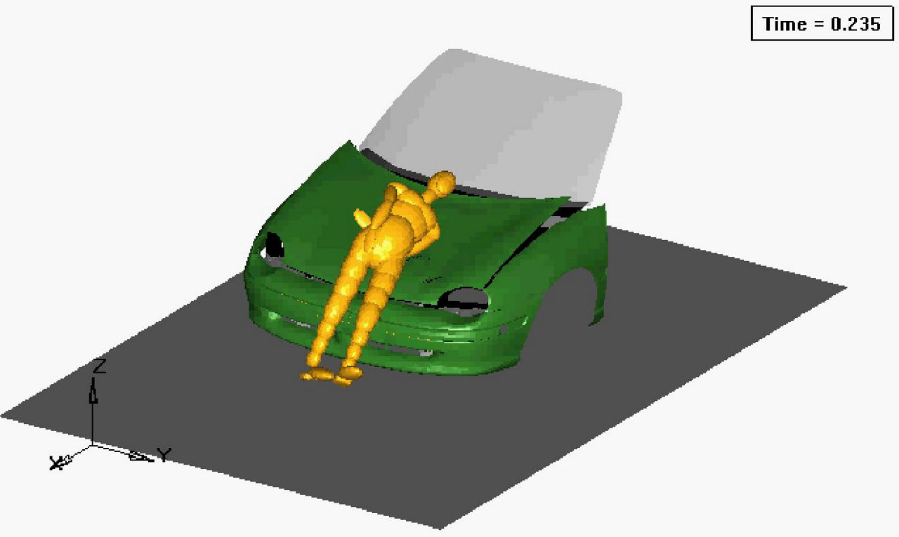 3D visualization of a crash test dummy impacting the vehicle front and hood for pedestrian protection analysis to evaluate head and leg injury risks. Passive protection by design focuses on optimizing structural geometry and material compliance to reduce impact severity. Parameter variation enables engineers to study different configurations and improve energy absorption characteristics. In addition, active protection systems—such as deployable hoods and external airbags—are integrated to further minimize injury potential, combining sensor-driven algorithms with rapid actuation for enhanced pedestrian safety.