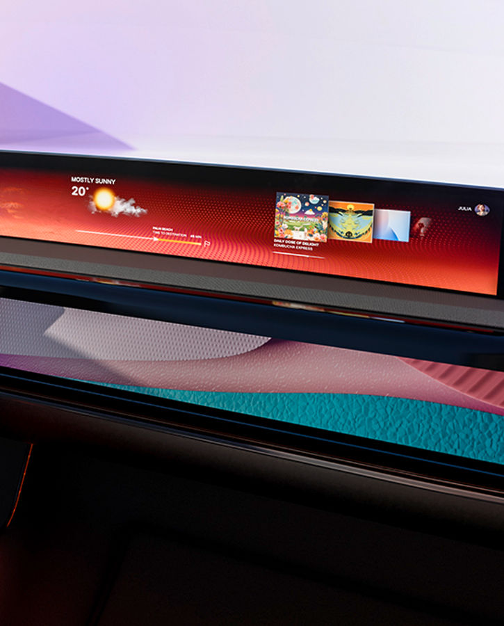 Image of a vehicle interior with various versions of AUMOVIO display solutions. With the ever-increasing digitalization, displays are becoming a key differentiator of modern vehicle interiors and are the most important interface for the interaction of driver and vehicle.